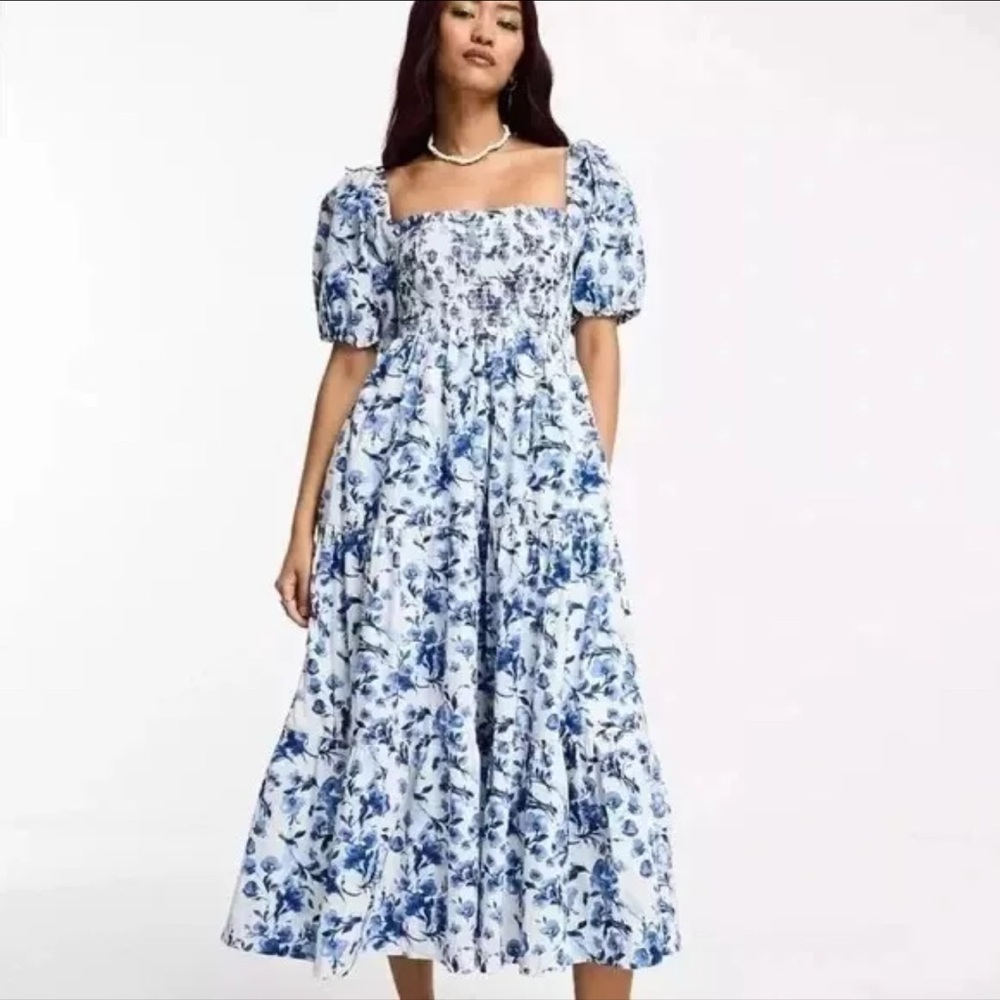 Abercrombie & Fitch Poplin Puffed Sleeve Smoked Midi Floral Blue Dress M